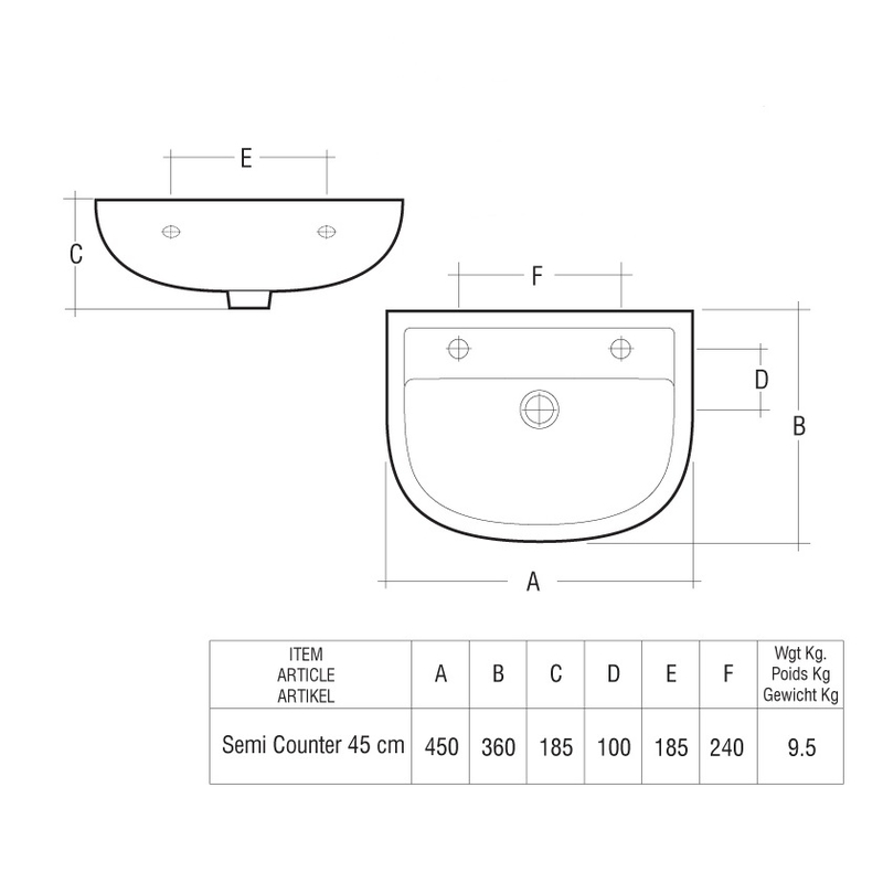 Compact 45cm Semi Recessed Basin 2 Tap Holes from RAK Ceramics